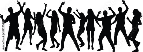 Silhouette group of people dancing together, energetic party crowd illustration, celebration scene, joyful movement, dance activity concept, lively social gathering