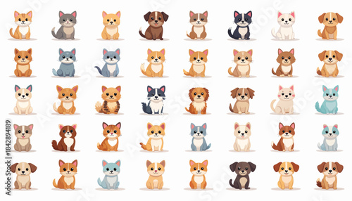 Collection of Adorable Cartoon Puppies and Kittens in Various Poses.