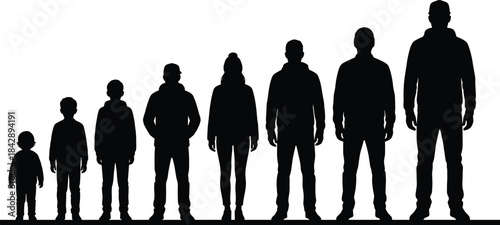 Silhouette group of people in age progression lineup, children to adults standing together, generational illustration, growth concept, human development stages