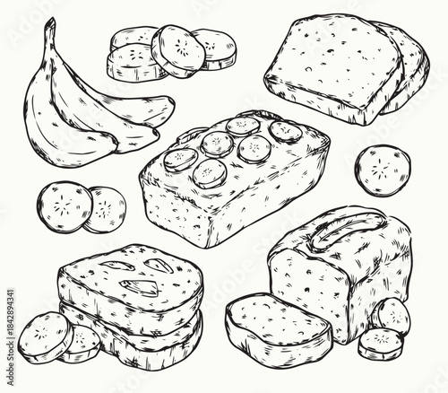 Isolated hand drawn outline drawing sweet Banana Bread with banana and banana slices illustration