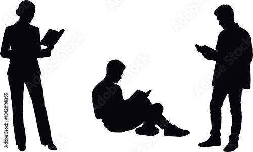 Silhouette people reading books, standing and sitting readers, education concept illustration, studying activity, learning posture collection, literature focused scene