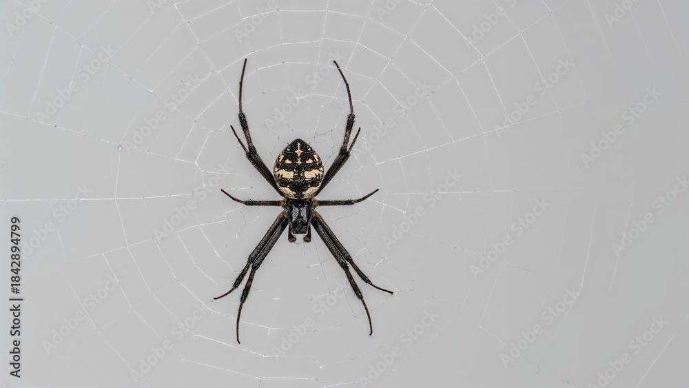 Obraz premium Spider on its web. Close-up of arachnid. Nature and wildlife. Insect and arachnid. The arachnid's natural habitat.