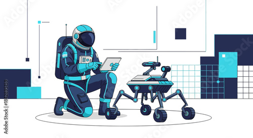 Astronaut operating rover on a digital surface, exploring futuristic robotic interaction