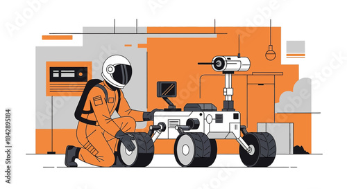 Astronaut repairing a rover in a space station, illustration of future technology and space travel