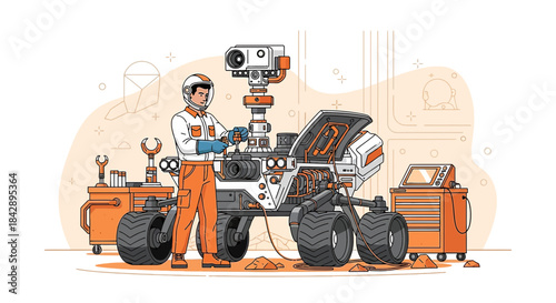 Astronaut repairs rover on unexplored terrain, symbolizing future exploration and technological