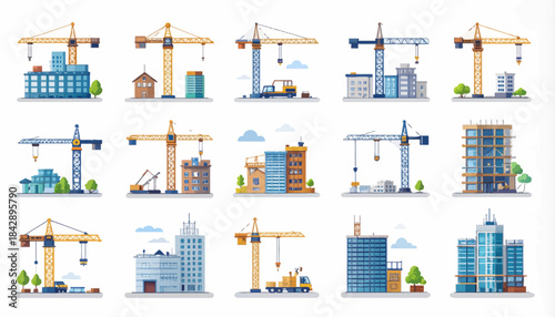 Construction site with cranes and buildings under development.