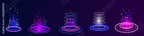 Virtual abstract futuristic portal hologram round circle square cyber realistic vector illustration set tech game laboratory