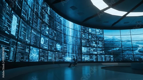 Large futuristic command center with curved monitor walls displaying streaming digital data abstract visualizations and icy natural scenery watched by a single analyst