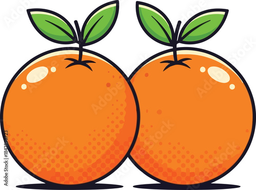 Two cartoon oranges with green leaves and stems fruit