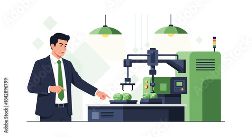 Automated produce processing showcase with executive using modern machine vision technology
