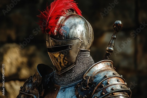 medieval armor with a red plume on the helmet and chainmail sleeves