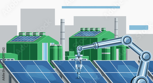 Automated solar panel factory featuring robotic arm assembly and green energy production