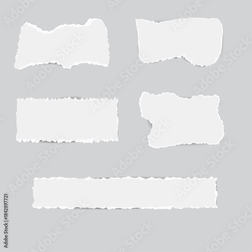 Set of Five Ripped White Paper Pieces with Torn Edges and Soft Shadow on Grey Background for Note, Frame, or Advertising Template