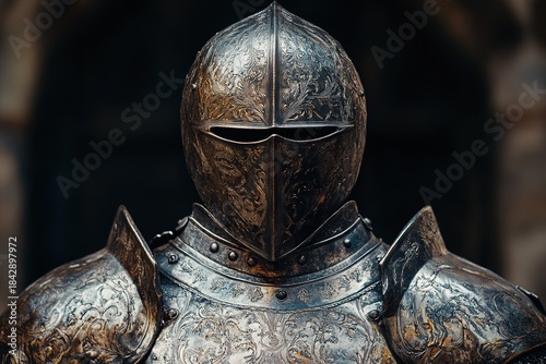 medieval armor with detailed helmet visor and intricate steel engravings