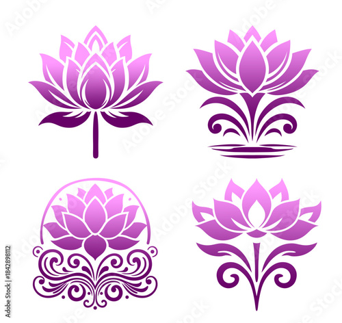 A set of four elegant, stylized lotus flower icons with a vibrant purple and pink gradient.