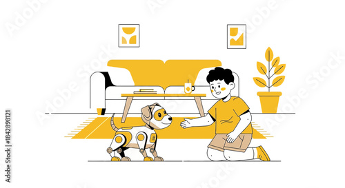 Boy interacts happily with his robotic dog in a bright modern living space illustration