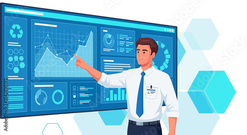 Business analyst presenting data analytics and financial insights using modern dashboard technology