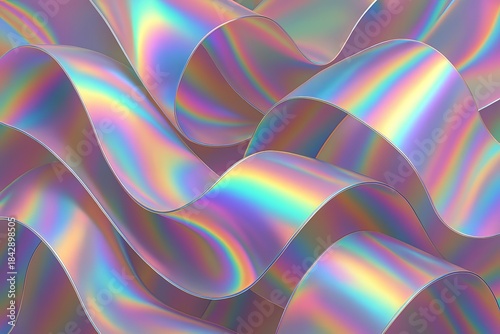 Abstract background with folded iridescent holographic ribbon and metallic foil texture Minimal futuristic 3D render for fashion design