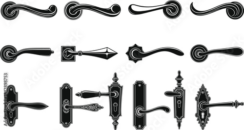 Set of Black Vector Door Handle Silhouettes Featuring Various Antique, Vintage, and Modern Lever Designs for Interior Hardware Graphics.