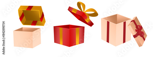 A colorful collection of three open gift boxes with decorative ribbons and bows.