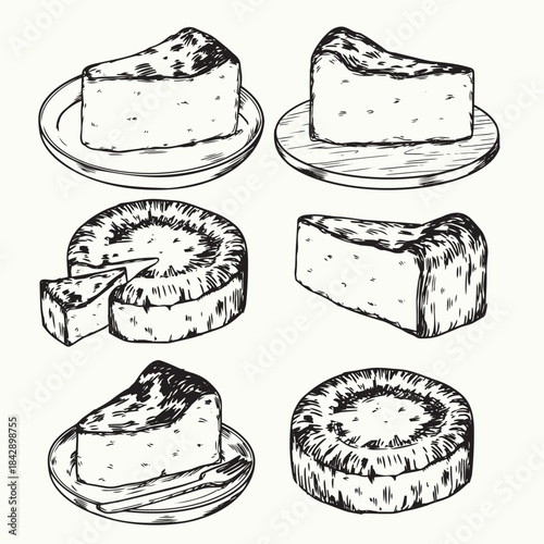 isolated hand drawn slice and full Basque cheesecake line art outline drawing illustration