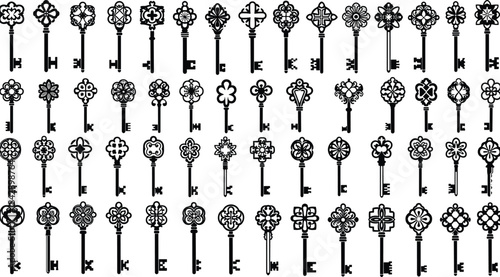 Massive Set of Black Vector Skeleton Key Silhouettes Showing Various Antique, Vintage, and Ornamental Decorative Designs for Mystery