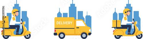 Modern delivery service illustration with courier riding scooter and delivery van in city background, express shipping concept, urban logistics artwork
