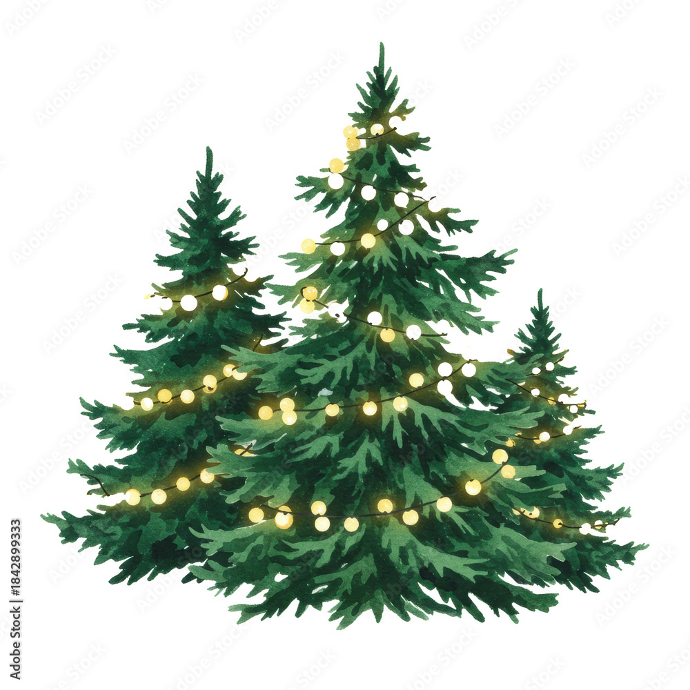 Obraz premium a detailed watercolor illustration of three saturated emerald fir trees with glowing warm bokeh light garlands, isolated on a transparent background. peaceful winter holiday celebration concept