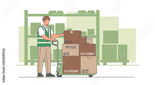 Eco-conscious warehouse worker transporting recycled goods using hand truck for distribution and