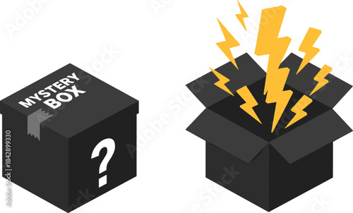 Mystery box illustration with question mark and lightning effects, surprise package concept symbolizing excitement, unknown contents, unboxing reveal and promotional design
