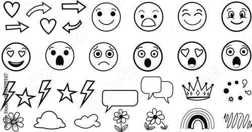 Hand-drawn vector collection of playful doodle icons and symbols, featuring emojis, clouds, arrows, stars, and other whimsical elements.