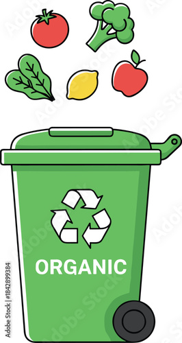 Organic waste bin illustration with recycling symbol, fruits and vegetables above container, eco-friendly compost concept for sustainability, environment and waste management design