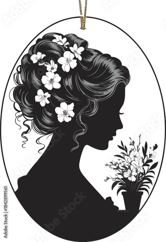 Black and white silhouette of a woman with flowers in her hair and a potted plant