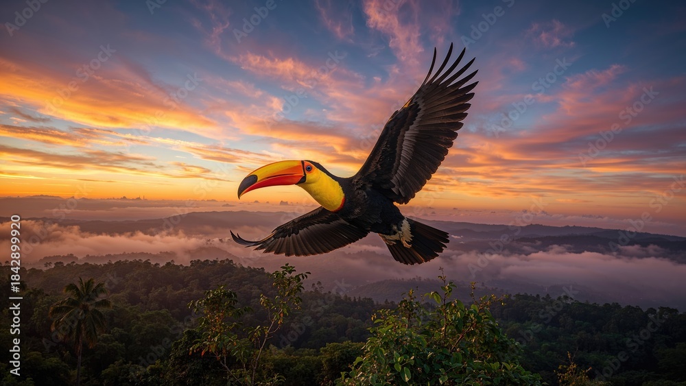 Fototapeta premium A toucan flying over a lush landscape during a colorful sunset with clouds and fog.