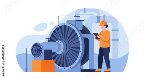 Engineer inspecting industrial machinery with digital tablet for maintenance and safety protocols