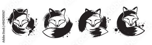 Four artistic fox illustrations featuring a stylized brush stroke design, showcasing a minimalist and modern interpretation of the wild animal with ink splatter details.