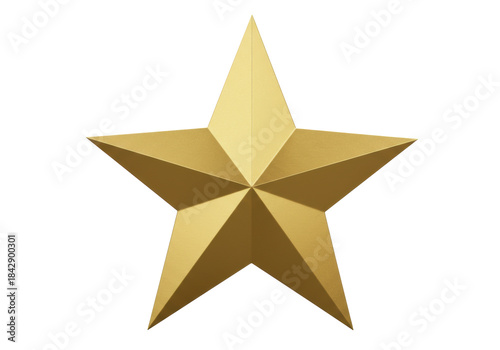 A flawless, highly detailed 3d matte gold five-pointed star with sharp edges, centered on a transparent studio background with soft shadow and ample copy space. Concept of excellence and success