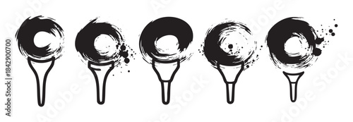 Golf balls and tees are presented in a row with expressive black brush stroke textures, offering a dynamic and artistic graphic design.