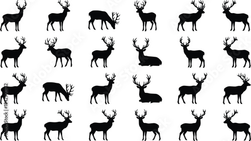 Set of black deer silhouettes vector illustration featuring bucks stags and reindeer in various poses for nature design