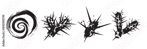 Abstract black ink graphic elements collection featuring diverse brushstrokes, including a swirling spiral and various sharp, spiky thorn-like shapes with splatters.