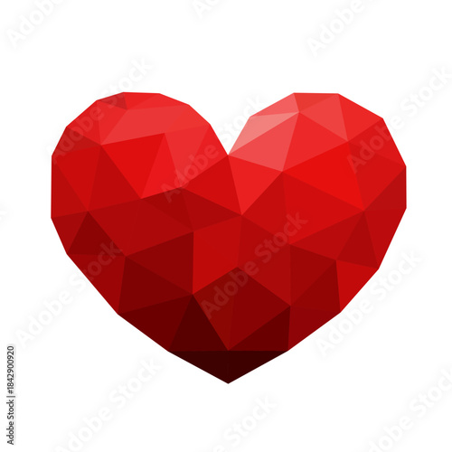 A vibrant red heart with a modern, geometric low-poly design, featuring a faceted triangular surface.