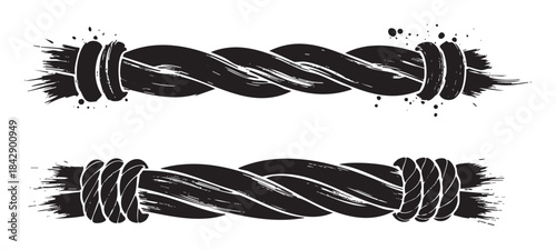 Twisted rope elements with a distressed texture and ink splatters create a rugged, hand-drawn banner design perfect for graphic projects.