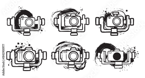 Six camera gimbal icons with dynamic brush stroke effects illustrating modern video production and photography equipment in a stylized black and white vector art collection.