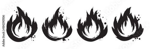 Four stylized brushstroke fire icons with a grunge texture and dynamic flame shapes, creating a powerful and energetic visual element for various design projects.