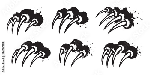 Animal claws with aggressive scratch marks and grunge ink splatter effect, depicting a powerful and wild beast attack in a bold graphic style.