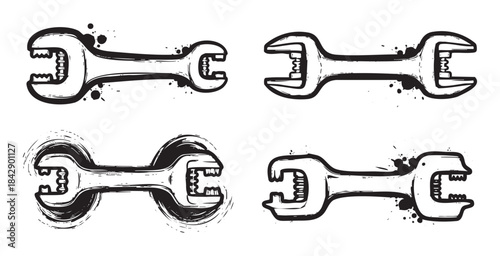 Four artistic wrenches with a grunge ink splash effect represent various tools for repair and maintenance in a graphic illustration style.