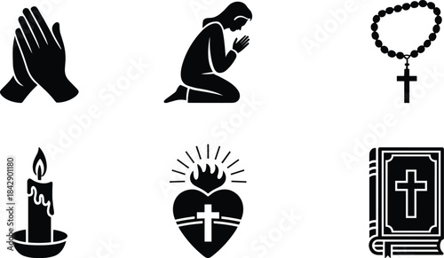 Religious pray icon set with praying hands kneeling person rosary candle sacred heart bible isolated transparent background