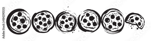 Six delicious pizzas with various toppings are depicted in a stylized black and white brush stroke illustration, creating a dynamic and artistic food design.