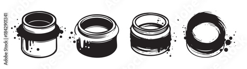 Four stylized black and white jars showcasing various artistic grunge textures and ink splatters, perfect for creative design elements and abstract concepts.