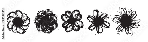 Abstract grunge flower shapes with artistic brushstroke texture create a dynamic and expressive set of decorative design elements.